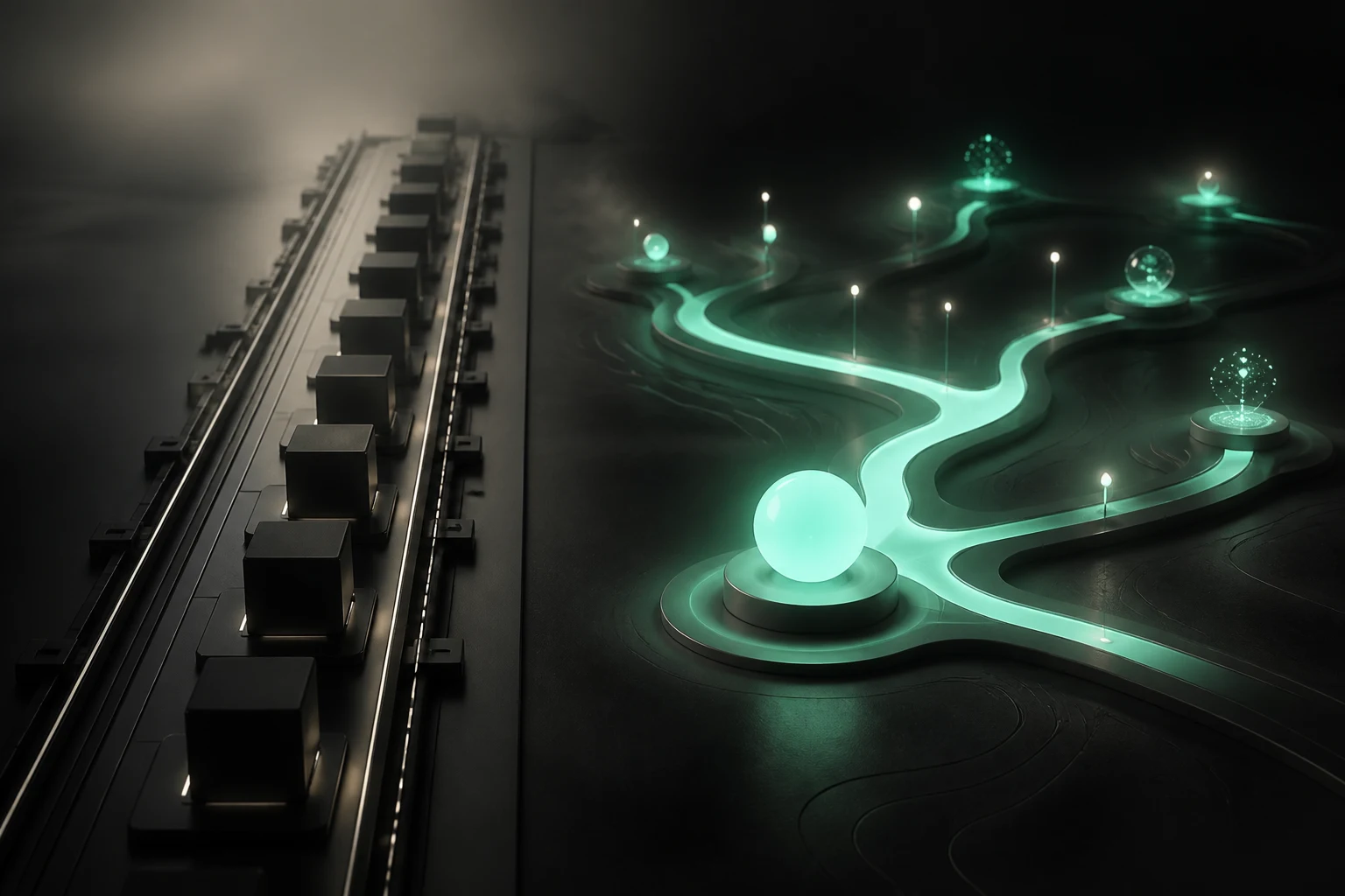 Dreamlike branching path contrasting workflow automation with an AI prospecting agent