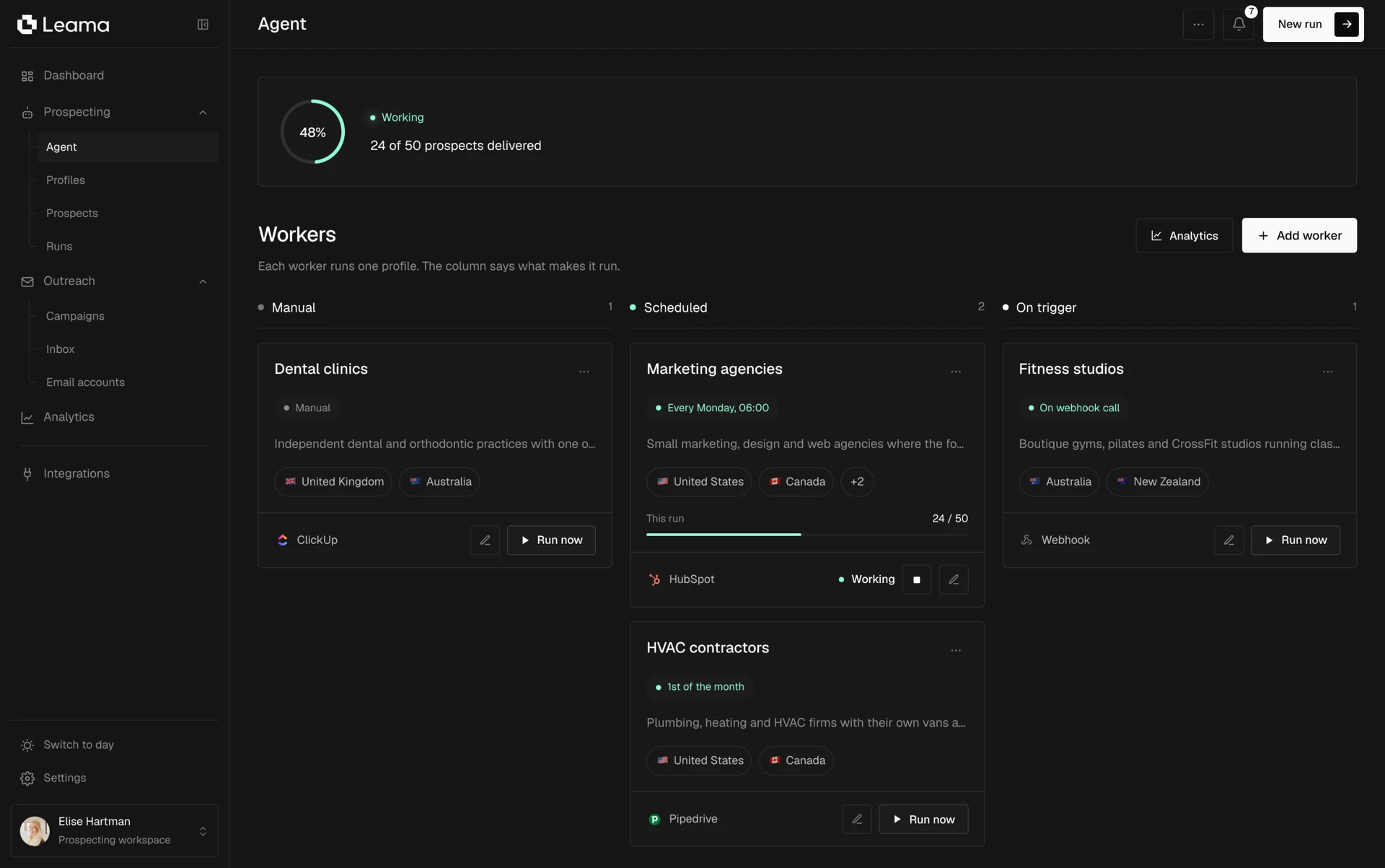 Leama Agent dashboard with scheduled prospecting workers and prospect delivery progress